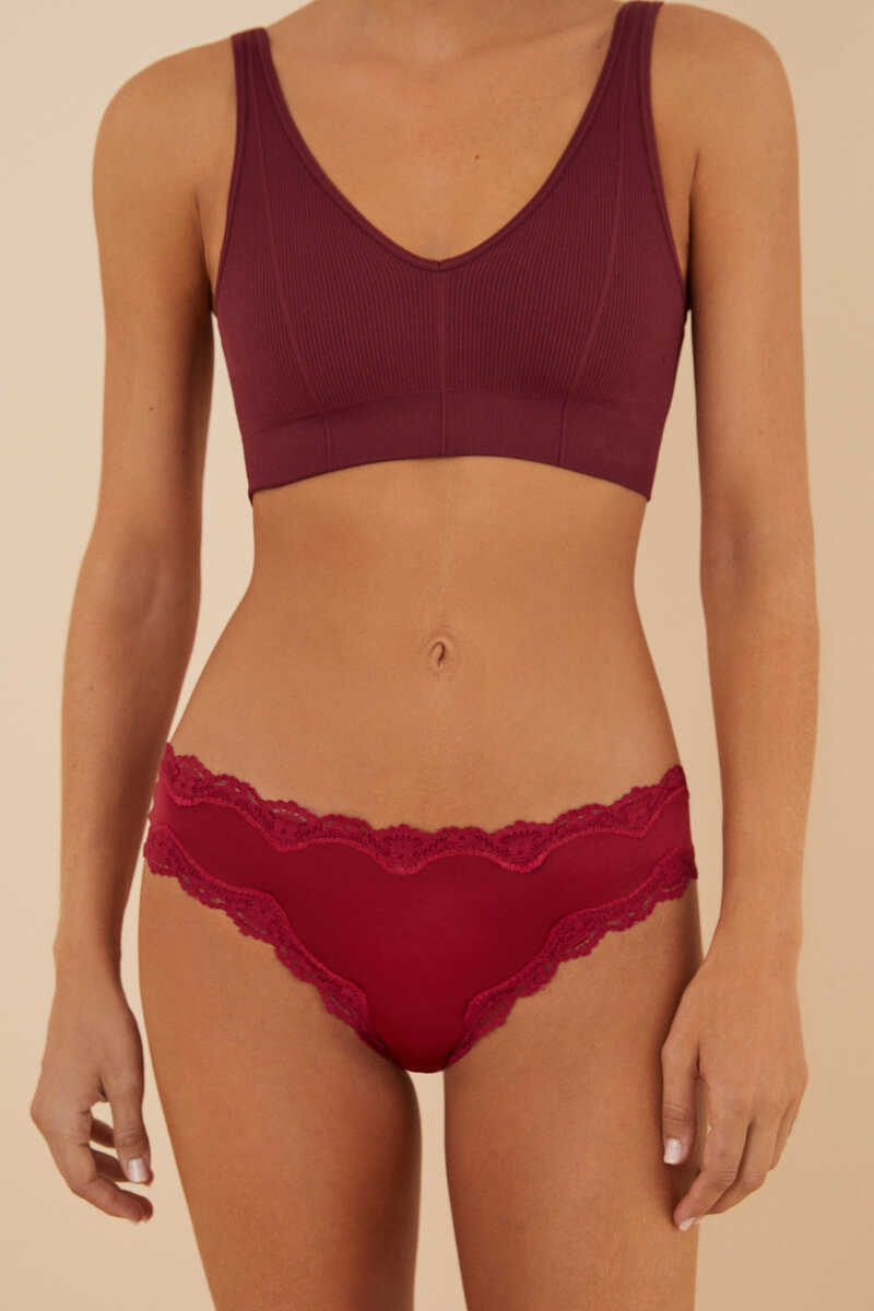 Maroon lace and microfibre Brazilian panty