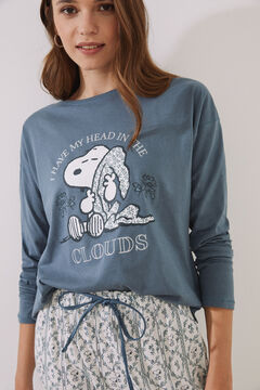 Womensecret Snoopy-mintás, 100% pamut, hosszú kék/fehér pizsama kék