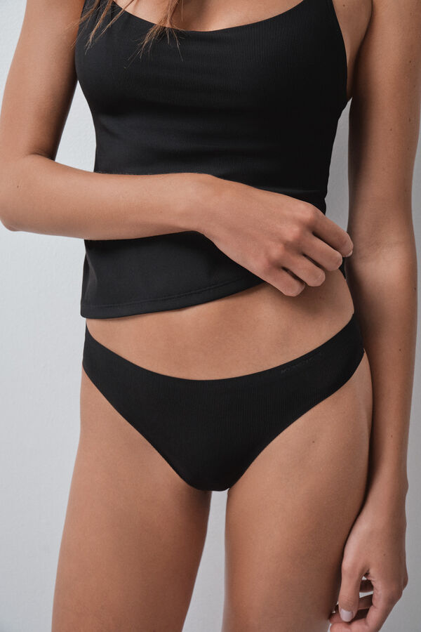 Women'secret Black ribbed microfibre mini string black