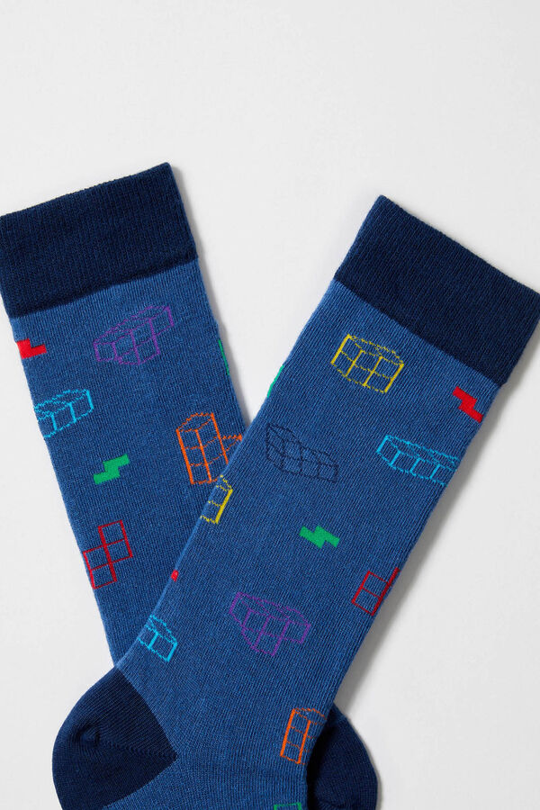 Besocks Calcetines altos Tetris algod&oacute;n org&aacute;nico azul