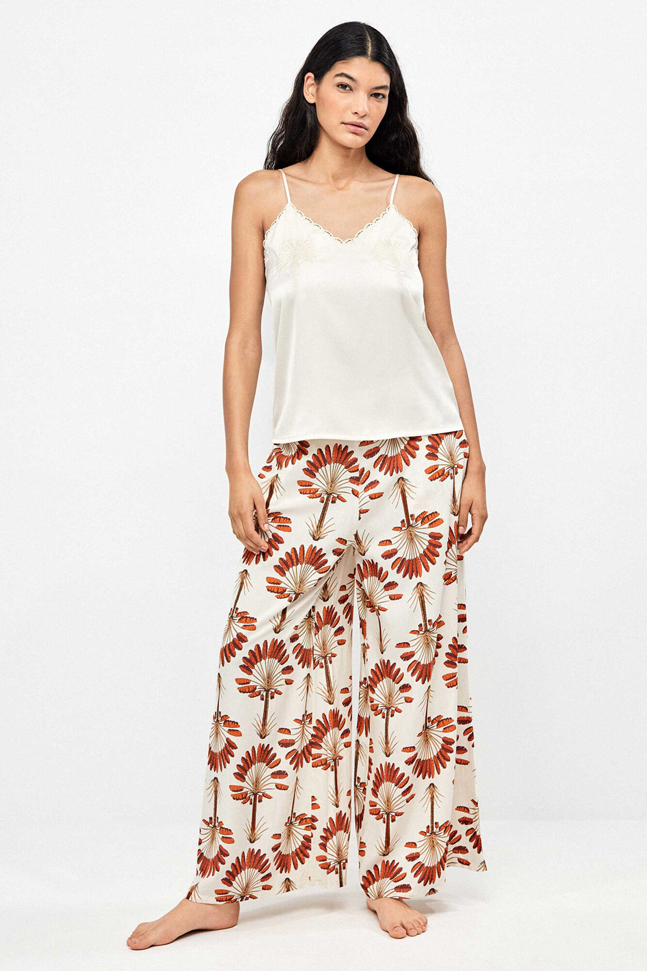 Gisela Lange Palmenmuster-Hose mit weitem Bein