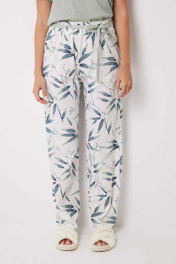 Womensecret 100% Cotton lounge pants with leaf print green