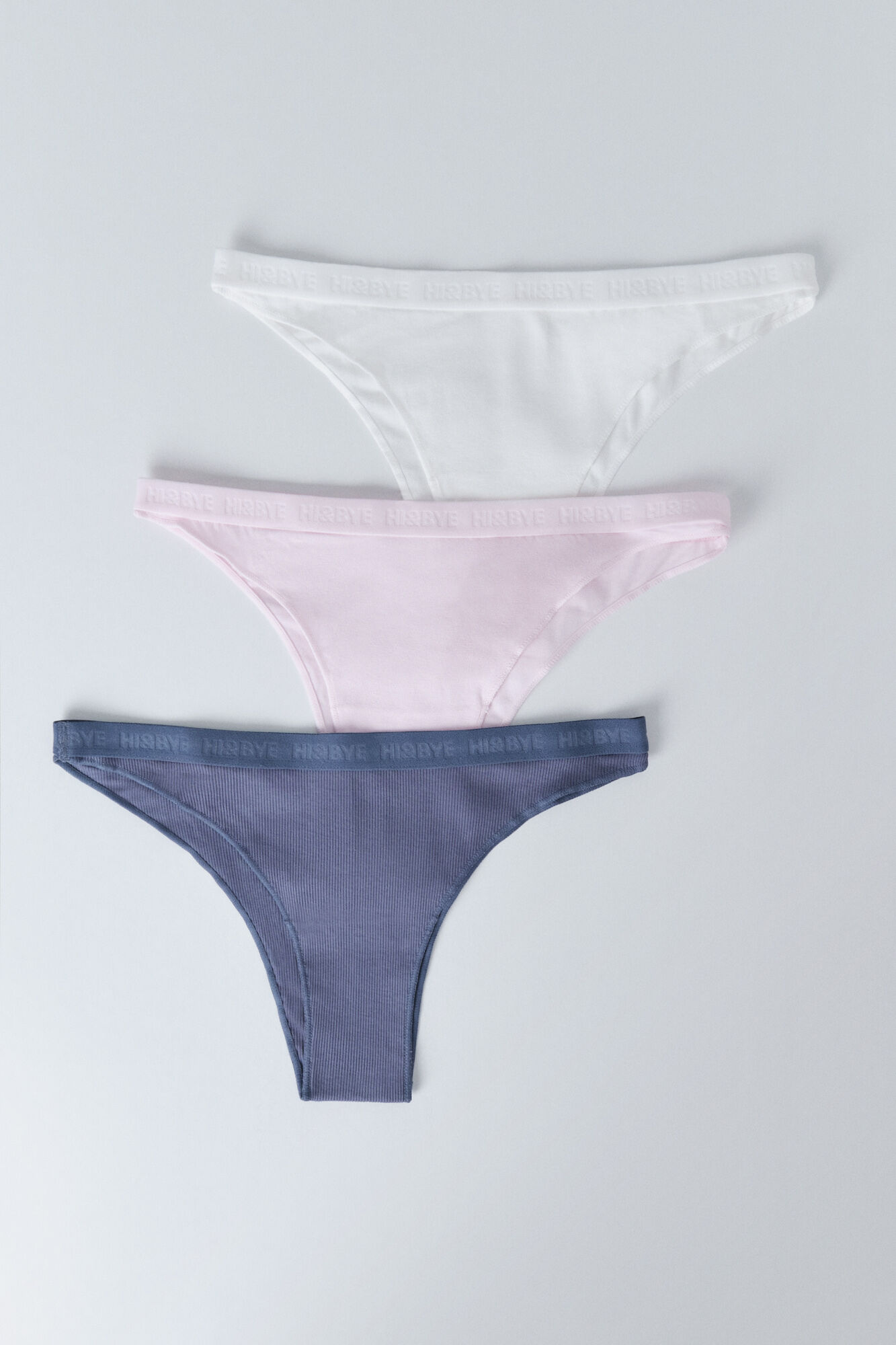 HI&BYE Pack of 3 Brazilian panties in blue, white, and pink