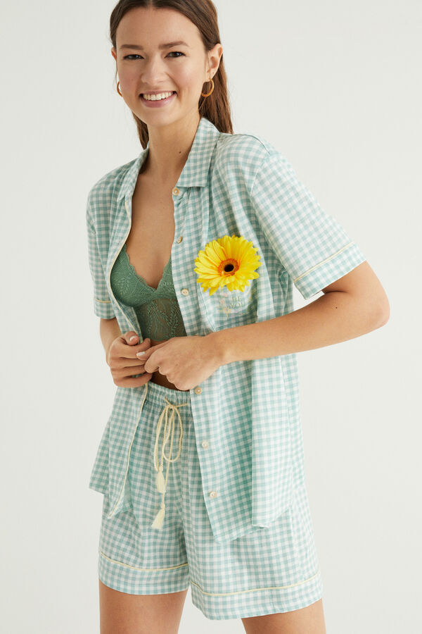 Womensecret Pyjama Hemdlook Vichy 100 % Baumwolle Grün Weiß