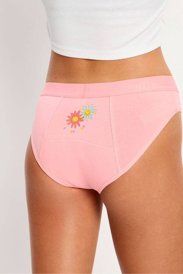 Modibodi Calcinha menstrual adolescente SmileyWorld&reg; de algod&atilde;o org&acirc;nico com fluxo intenso rosa rosa