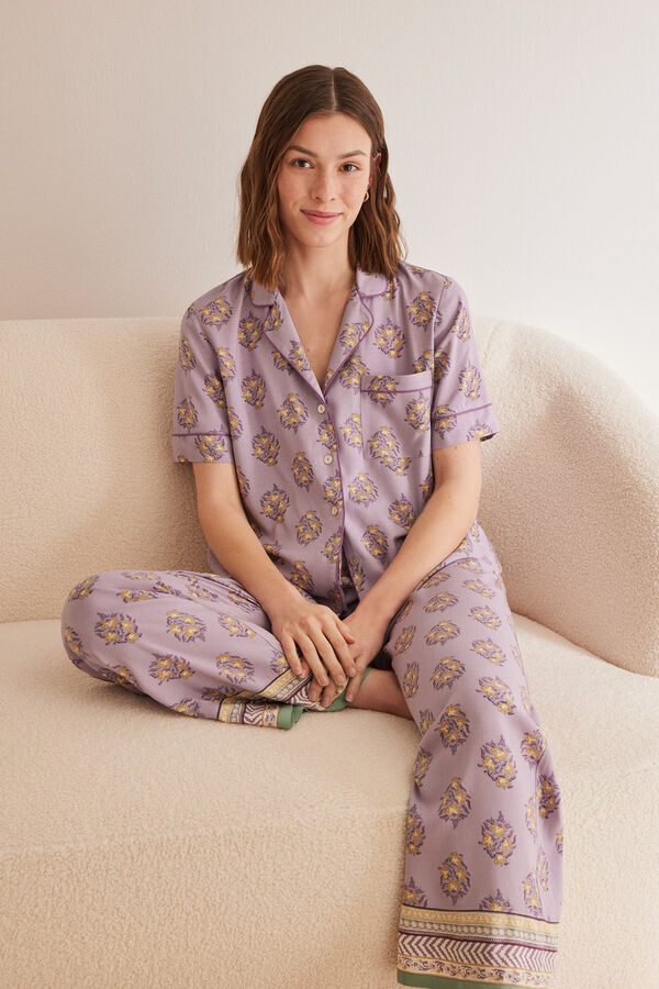 Womensecret Pijama camisero manga corta flores morado estampado