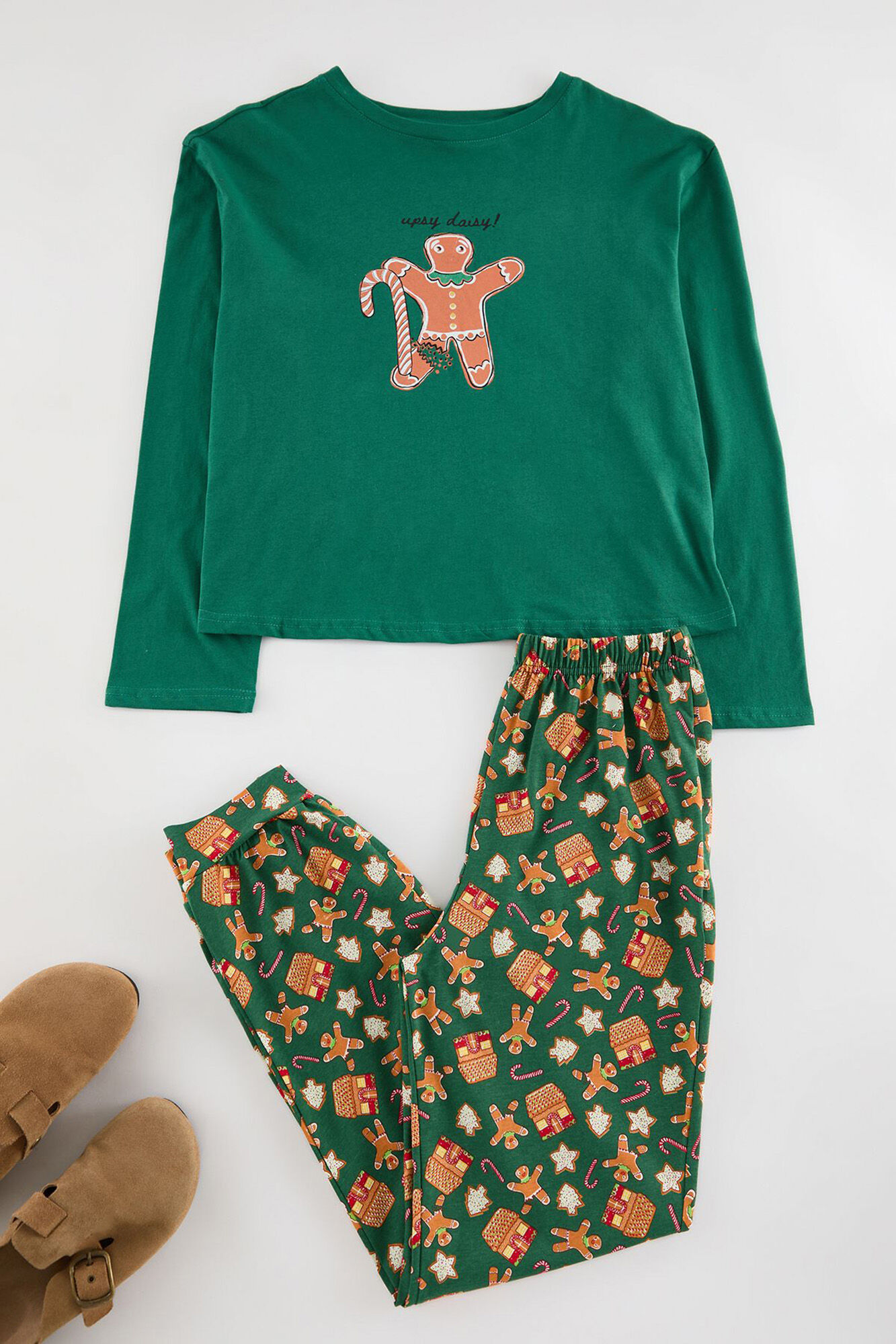 Trendyol Conjunto pijama Galleta jengibre Navidad verde