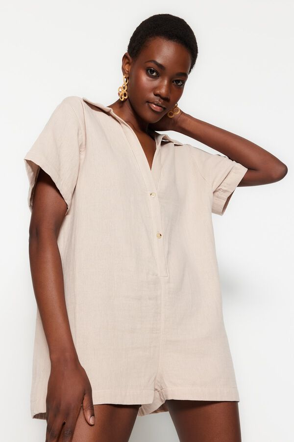 Trendyol Relaxed cut muslin mini overalls beige