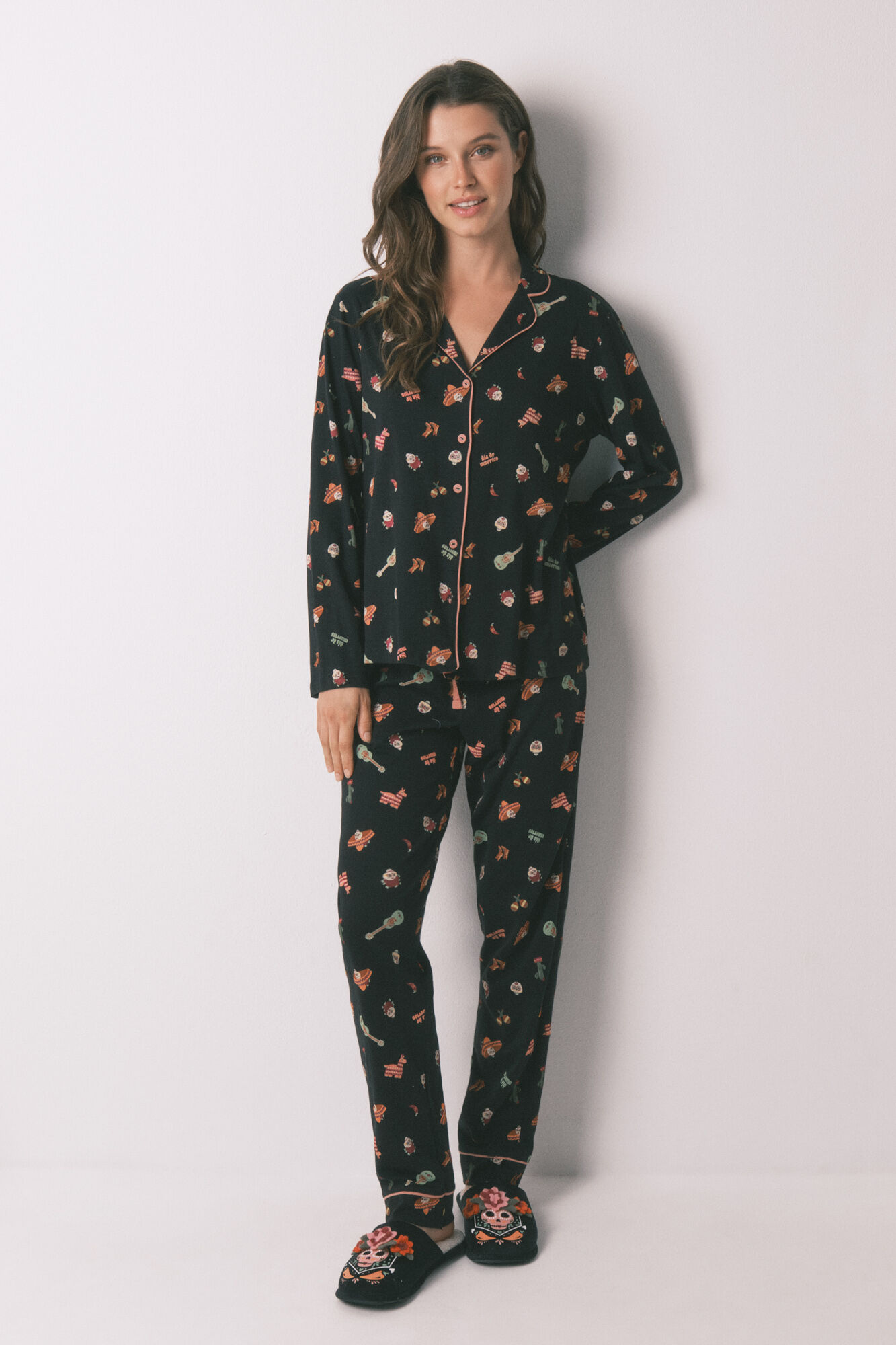 Women'secret Pijama camisero algod&oacute;n "D&iacute;a de muertos" negro