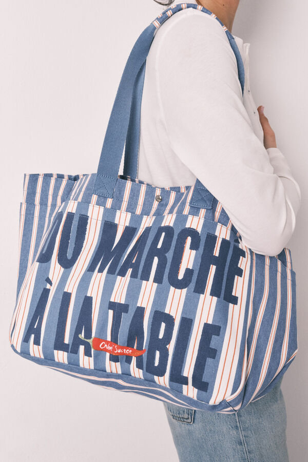 Women'secret Mala tote bag em algod&atilde;o estampado &agrave;s riscas azul