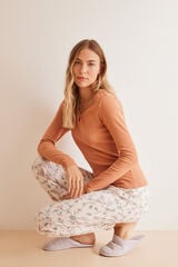 Womensecret Langer Pyjama Baumwolle Orange Blumen Rot