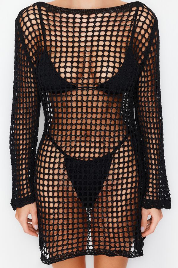 Trendyol Vestido corto crochet manga larga negro