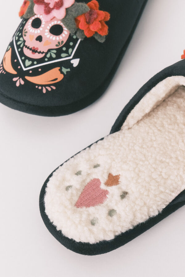 Women'secret Sobne papuče sa 3D štampom meksičke lobanje Crna