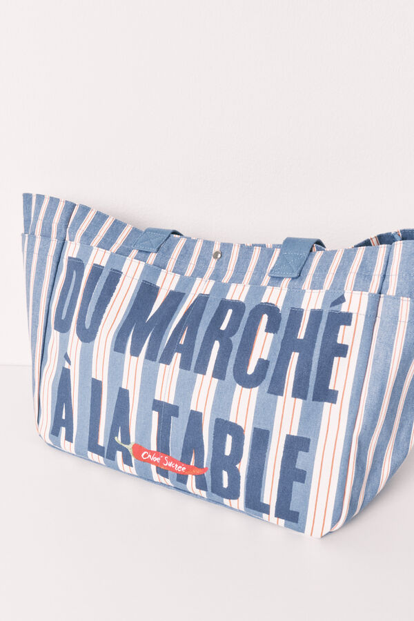 Women'secret Mala tote bag em algod&atilde;o estampado &agrave;s riscas azul
