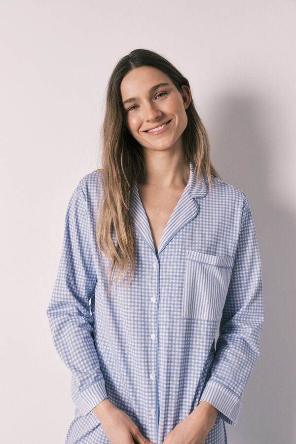 Women'secret Blue cotton classic long gingham print pyjamas blue