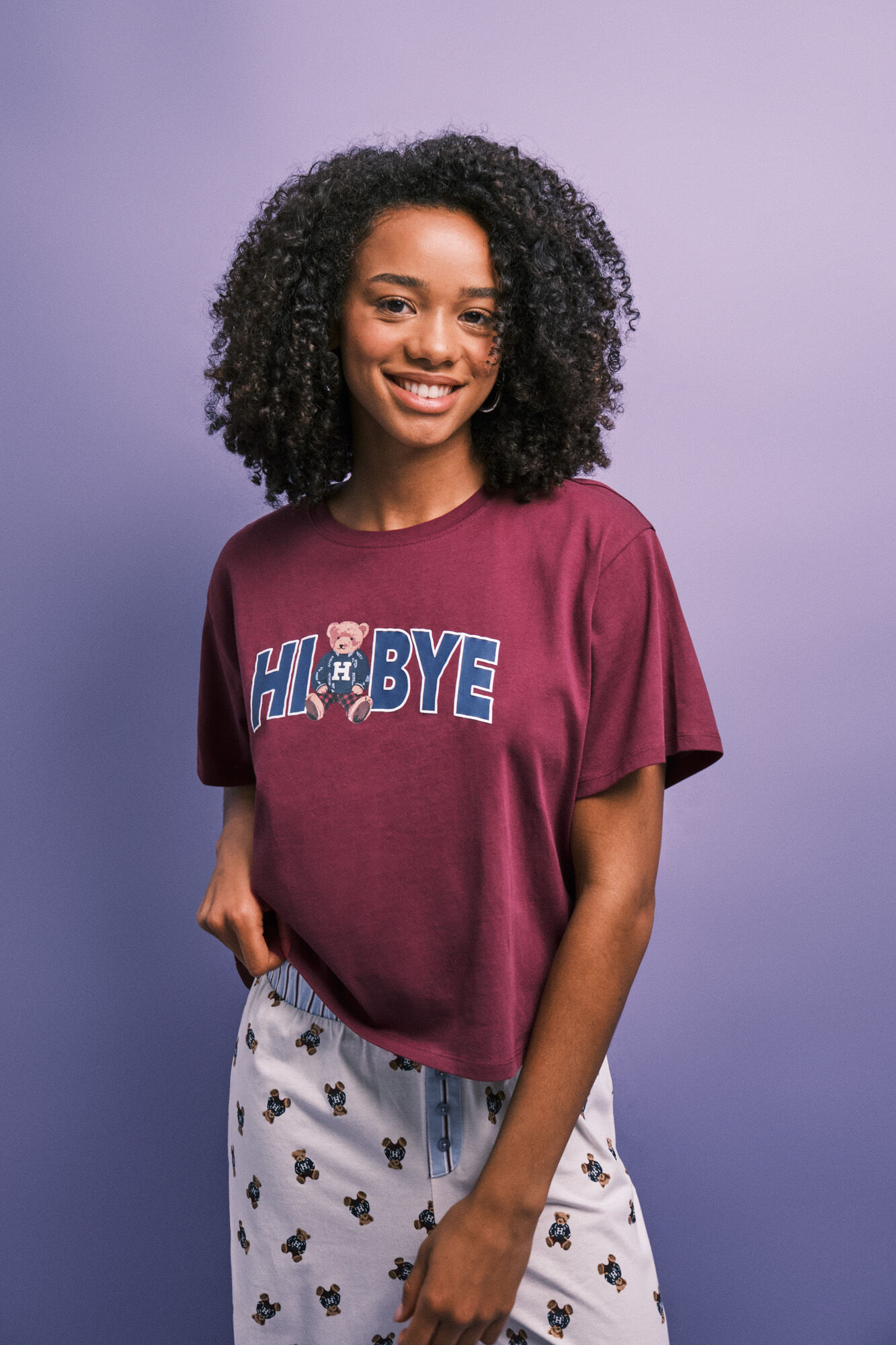 HI&BYE Pyjama long en coton ourson grenat