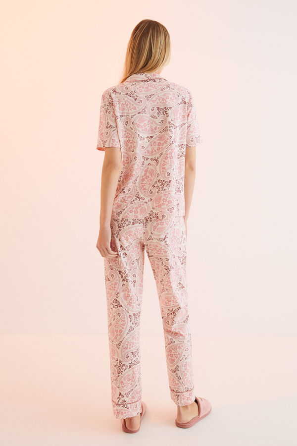 Womensecret Duga pidžama na kopčanje od 100 % pamuka kašmirskog uzorka Ružičasta
