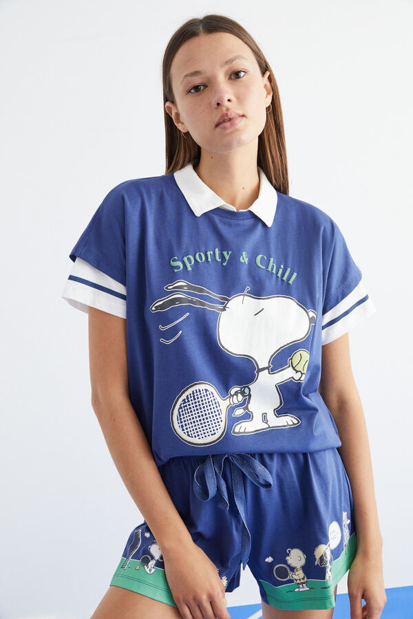 Womensecret Pyjama court 100 % coton bleu Snoopy bleu