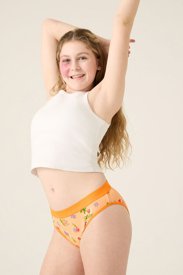 Modibodi Braguita menstrual adolescente hipster algod&oacute;n org&aacute;nico Summer Haze Orange absorci&oacute;n moderada abundante S uzorkom