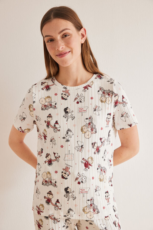 Womensecret Rövid ujjú, Snoopy-mintás rövid pizsama bézs