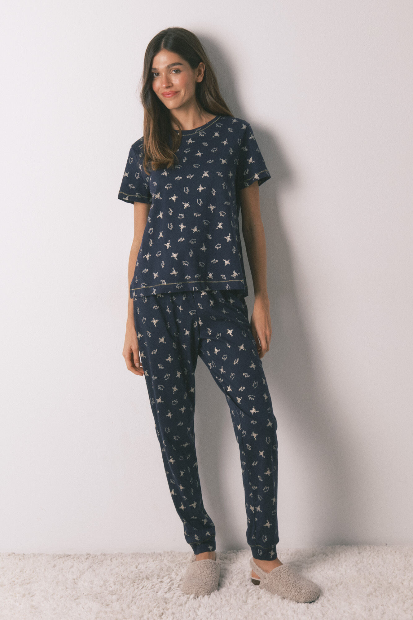 Women'secret 100% cotton blue long pyjamas with frog print