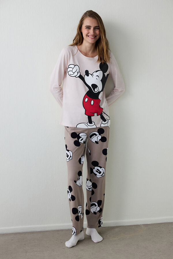 Penti Conjunto de pijama de manga larga con cuello redondo y estampado de Mickey Mouse. beige