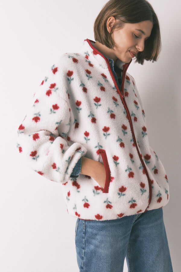 Women'secret Kućni ogrtač beli od imitacije jagnjeće kože sa cvetnim printom Bež