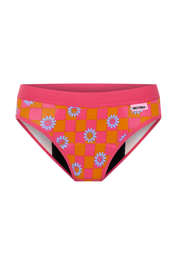 Modibodi SmileyWorld&reg; Braga Menstrual Teen Algod&oacute;n Org&aacute;nico Flujo S&uacute;per Flower rosa
