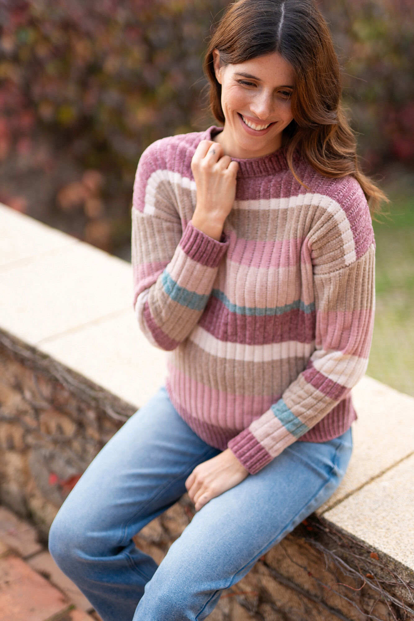 Ohma! Chenille Pullover mit Streifen und Rei&szlig;verschl&uuml;ssen