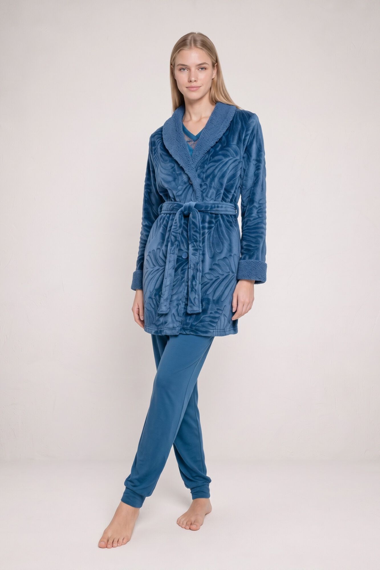 Gisela Printed button-up short robe with belt