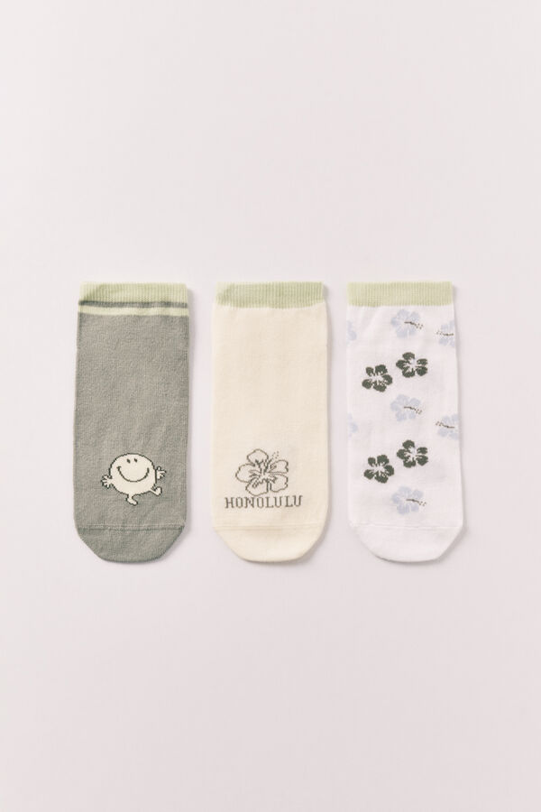 Women'secret Lot de 3 chaussettes courtes imprim&eacute;es Mr.Men beige