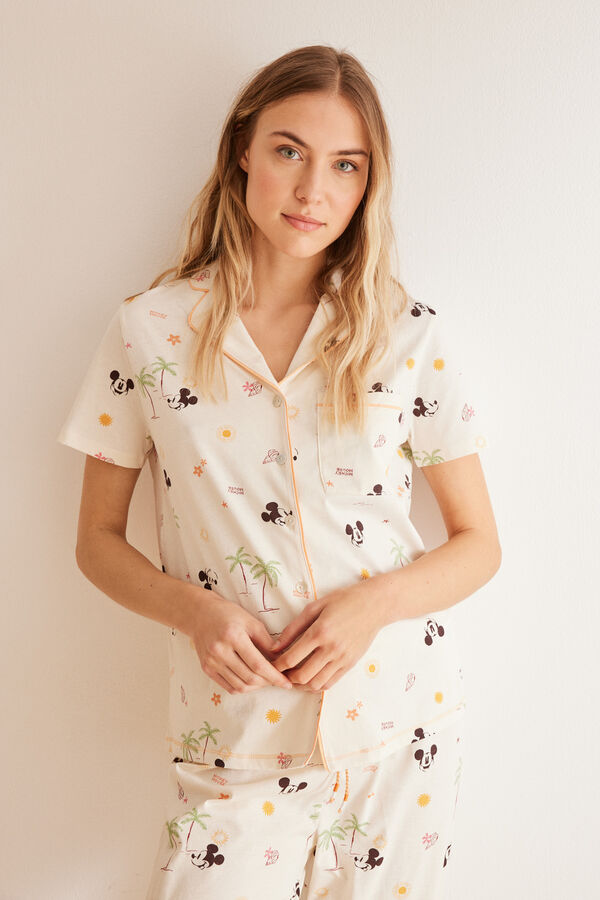 Womensecret Pyjama mit durchgehendem Mickey-Hemd aus 100 % Baumwolle Weiß