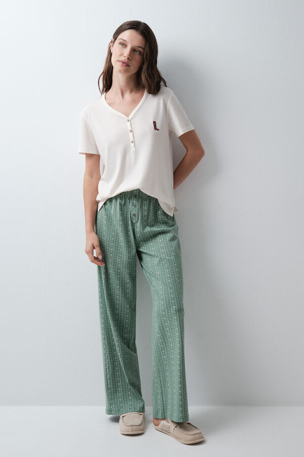Women'secret Green cotton floral long trousers green