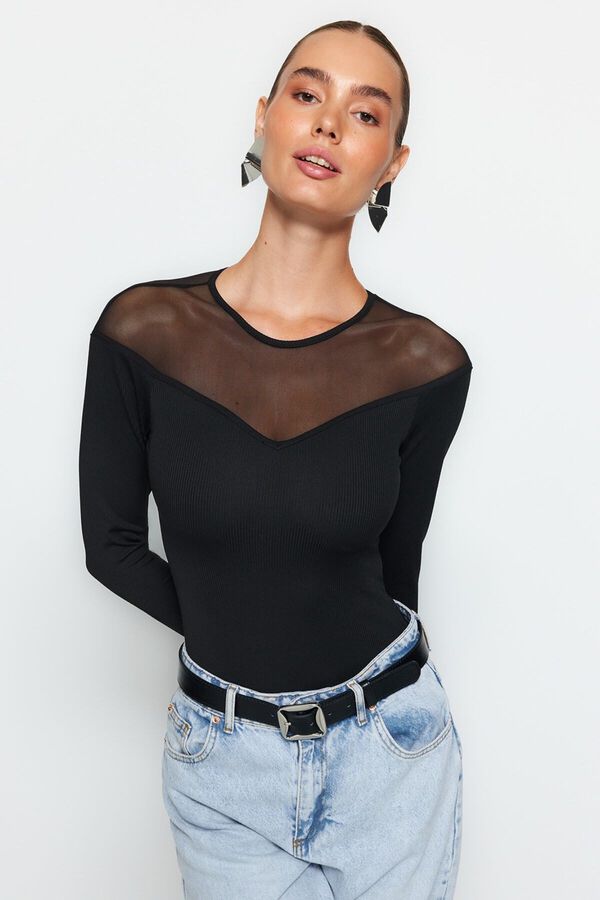 Trendyol Fitted Long Sleeve Bodysuit Top black