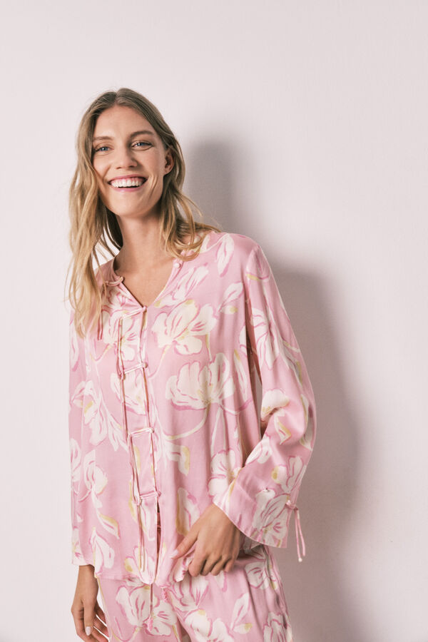 Women'secret Oriental-style satin long pyjamas pink