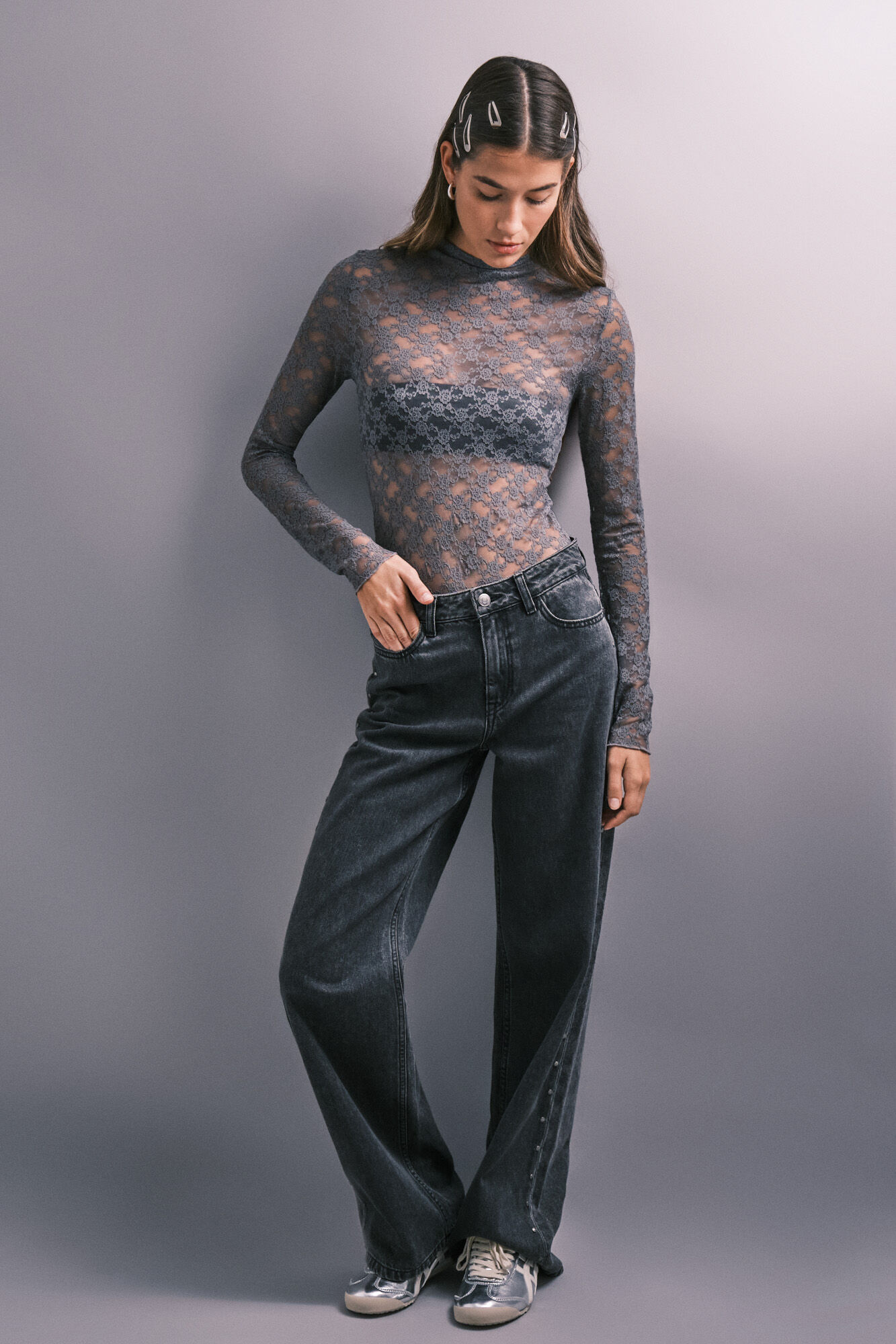 HI&BYE Grey semi-sheer lace body