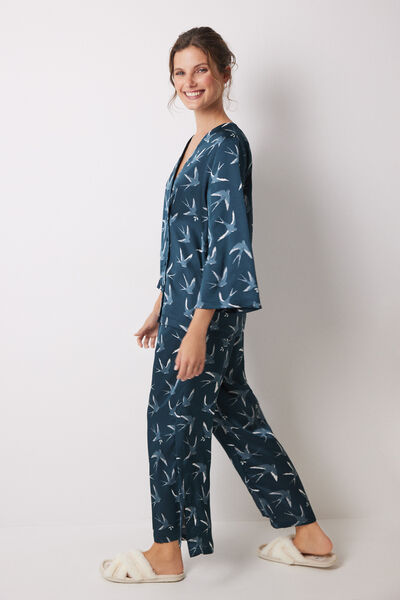 Womensecret Long satin pajamas with bird print green