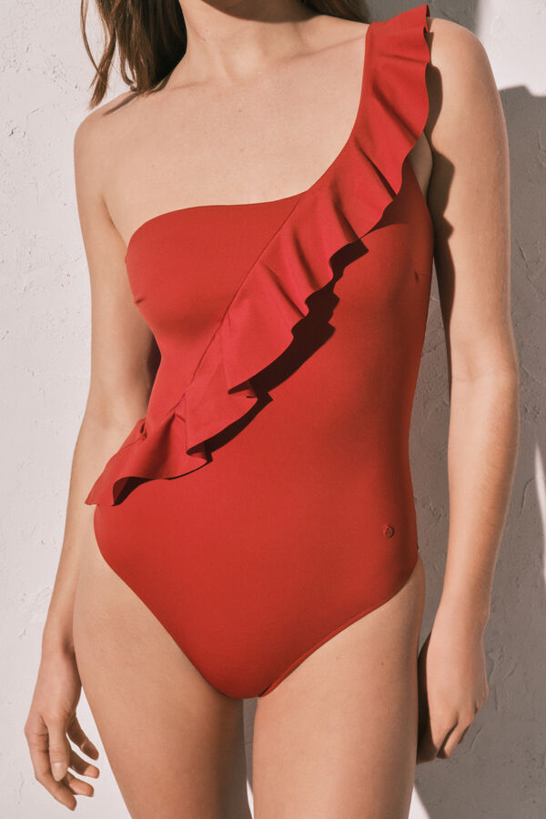 Women'secret Maillot de bain modelant &agrave; volant asym&eacute;trique orange rouge