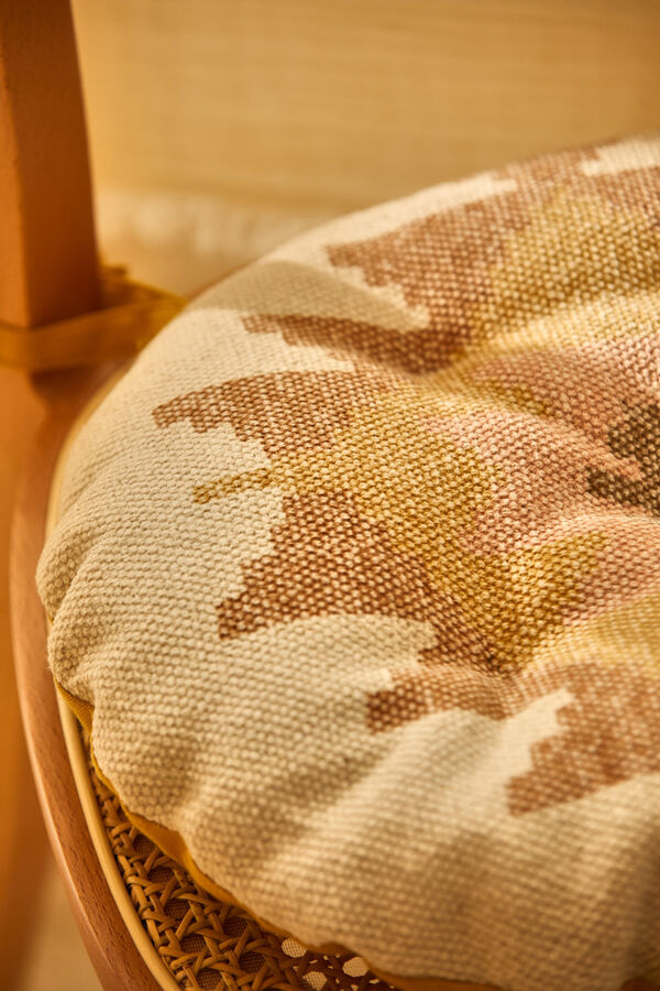 Calma House Berta rundes Stuhlkissen aus senfgelber Dhurrie-Baumwolle mit Print