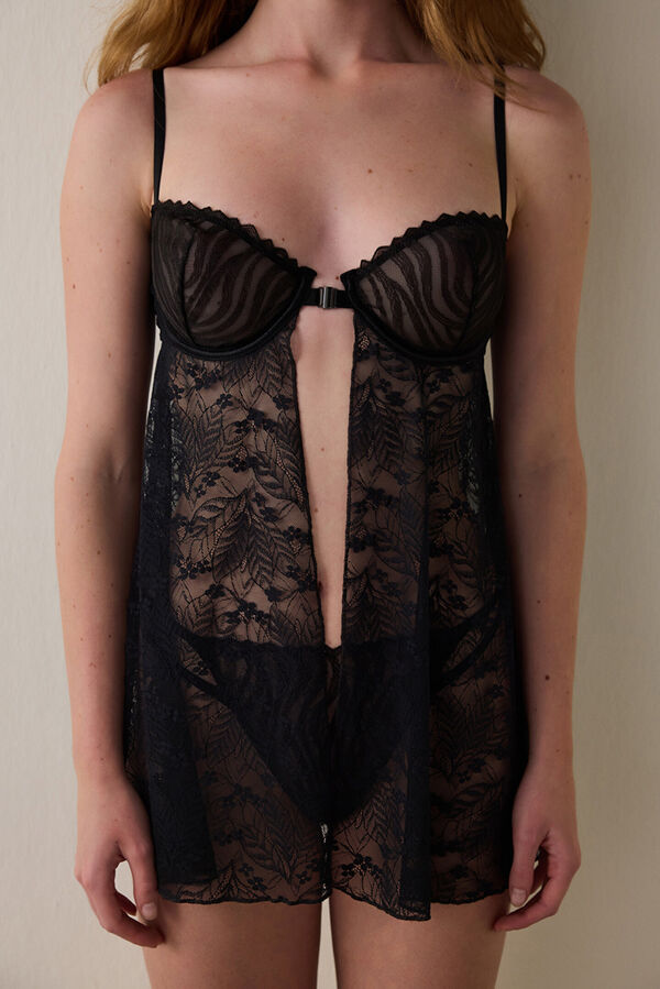 Penti Babydoll con abertura delantera y aros con estampado floral negro