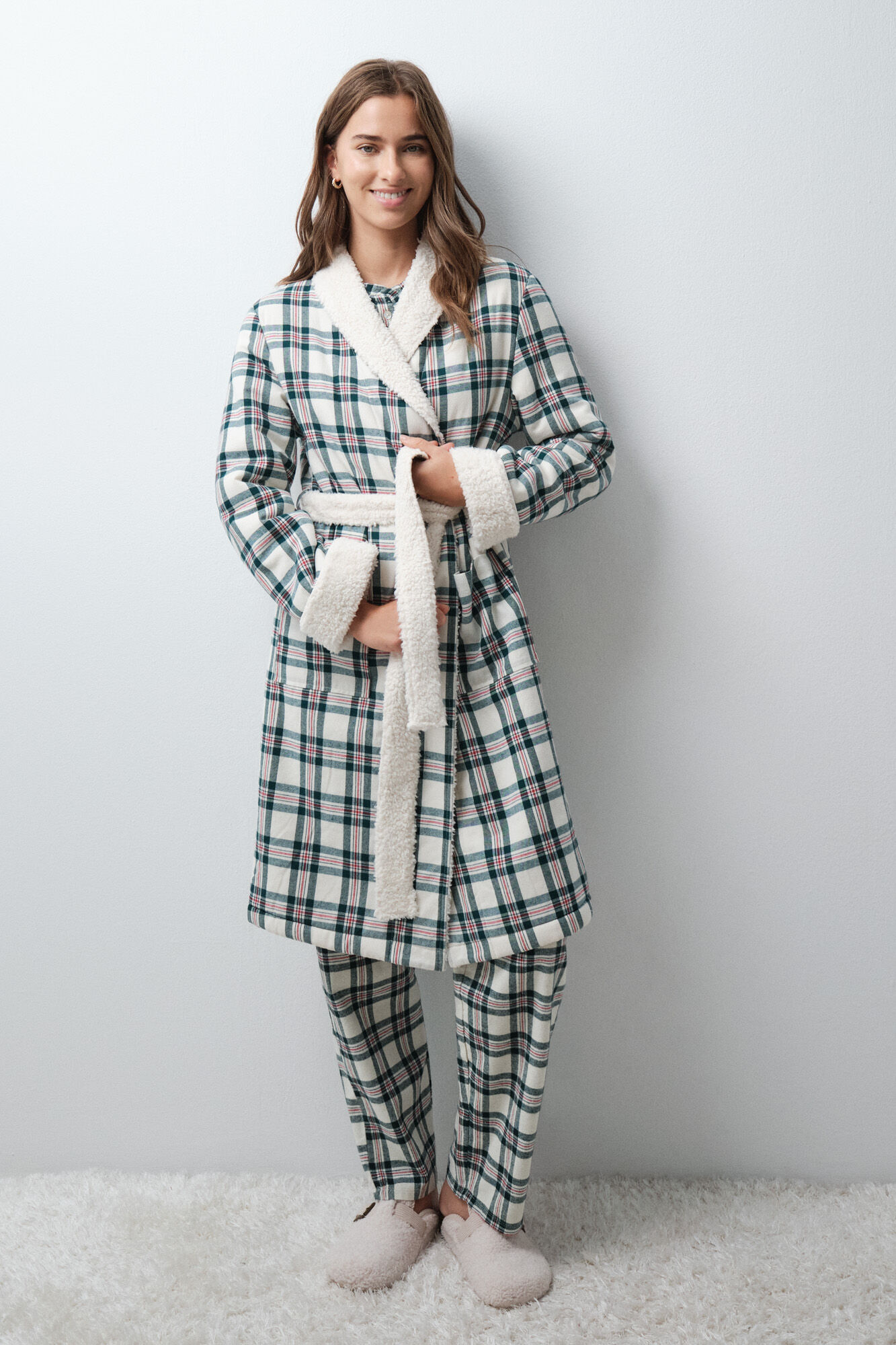 Women'secret Plaid faux fur long robe