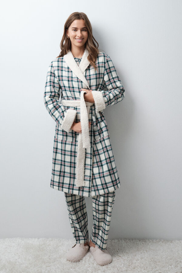 Women'secret Plaid faux fur long robe beige