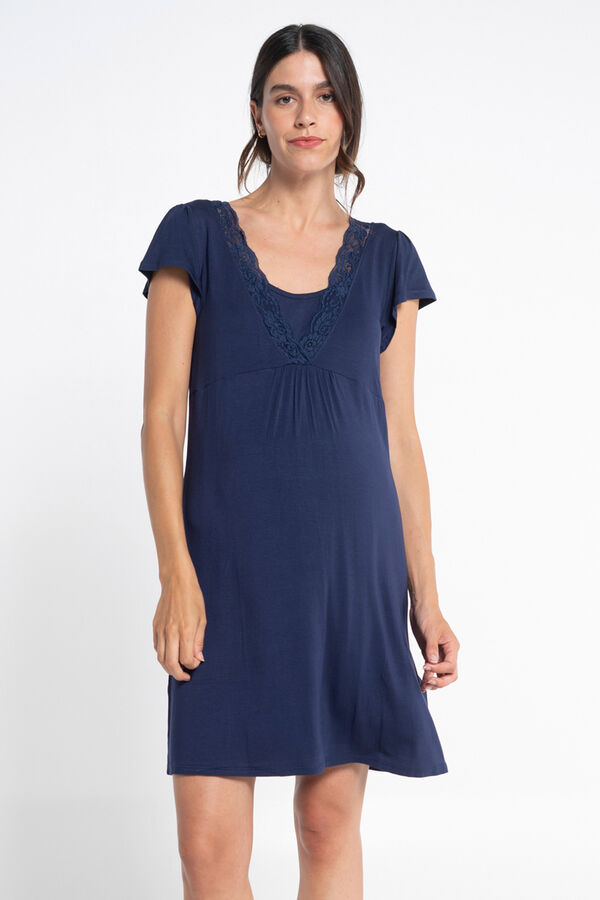 Ohma! Short Sleeve Nursing Nightgown with Lace Plava