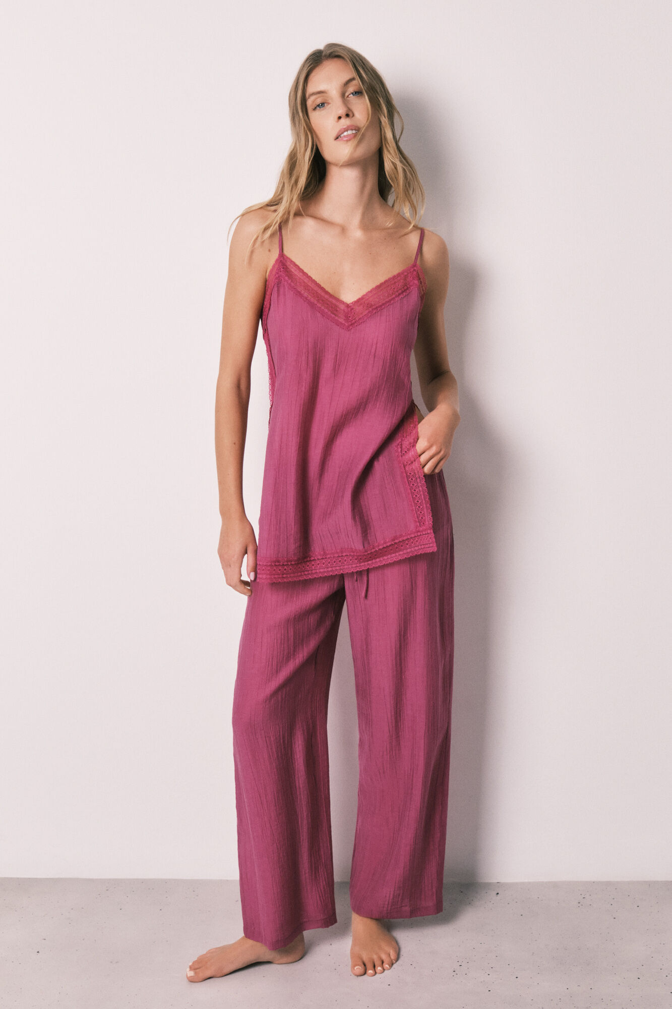 Women'secret Satin-finish lace strap long pyjamas