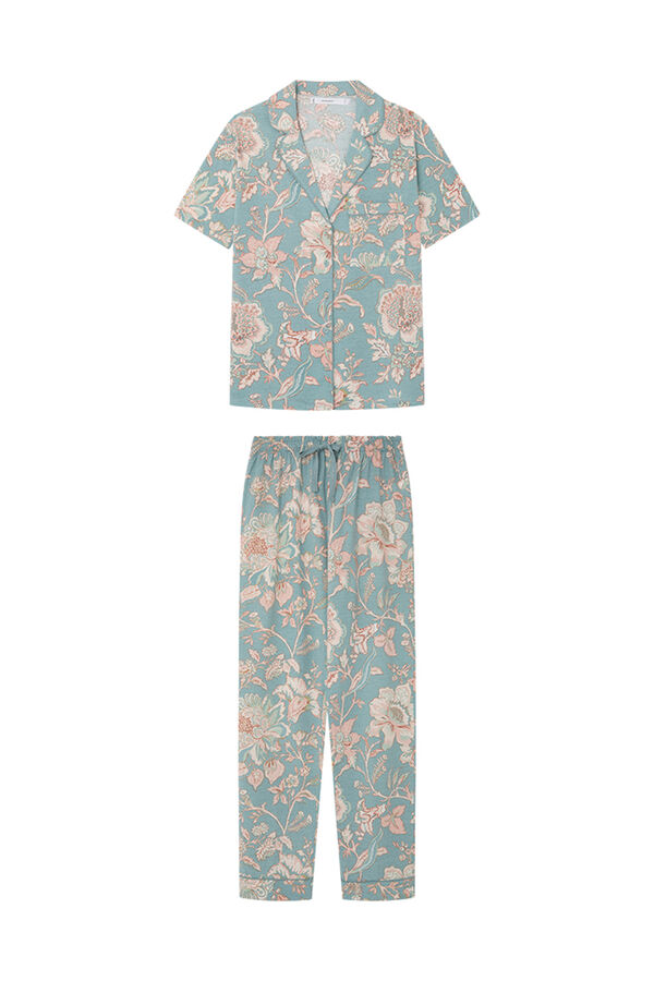 Womensecret Pyjama Hemdlook 100 % Baumwolle Blumen Blau Blau
