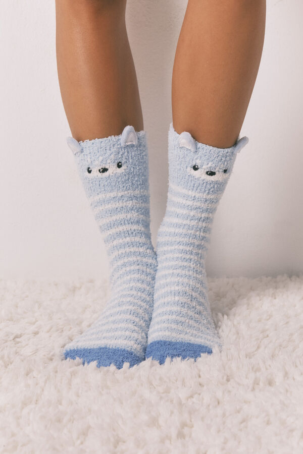 Women'secret Long hair socks with 3D bear print blue