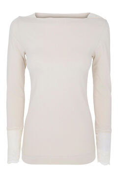 Womensecret Camiseta termal de mujer cuello caja manga larga con encajes beige