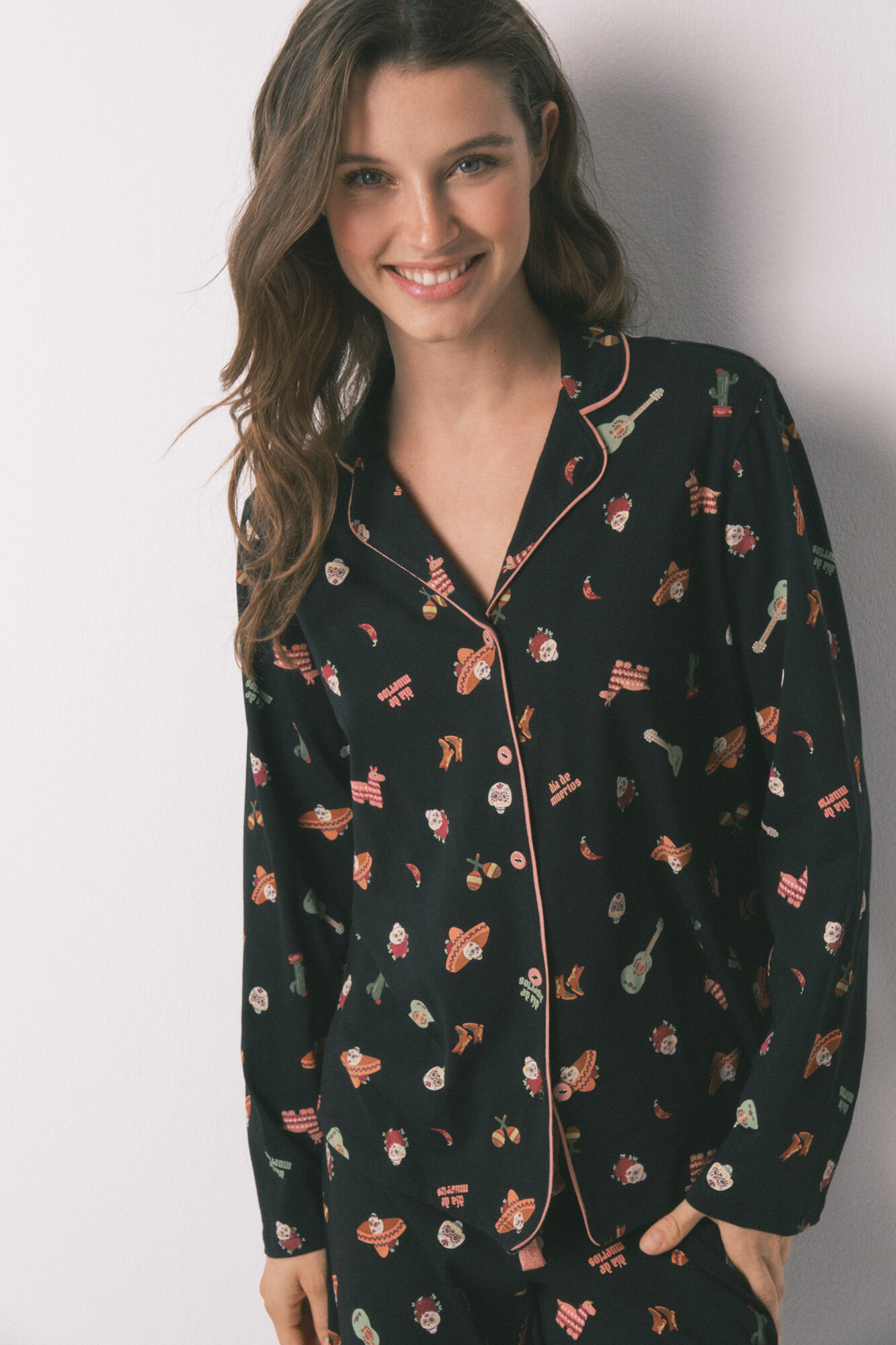 Women'secret Pijama camisero algod&oacute;n "D&iacute;a de muertos" negro