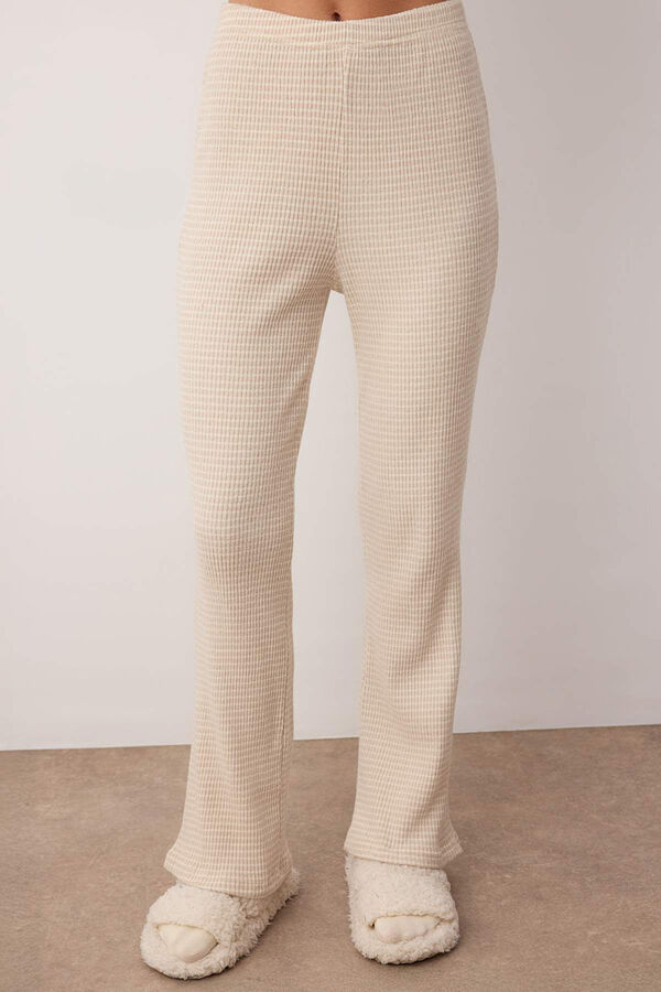 Trendyol Ribbed jersey-knit long pyjamas set with beige striped cardigan  brown