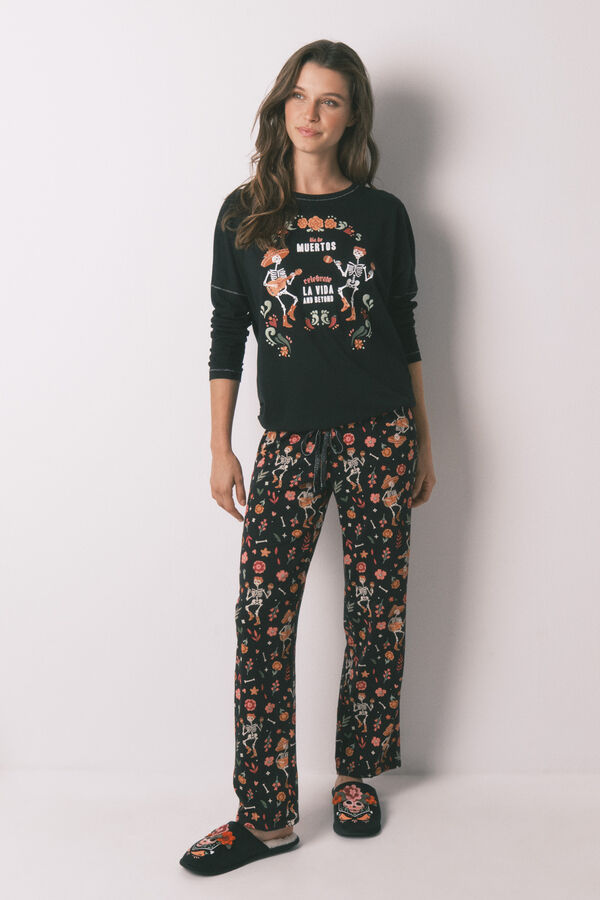 Women'secret 100% cotton "Day of the Dead" long pyjamas in black black
